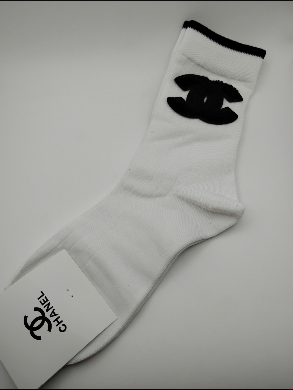 CHANEL White Crew Socks with Black Logo Accent - Picture 2 of 3